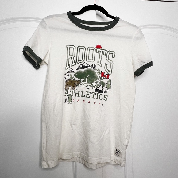 Roots Athletics Canada Ringer T-Shirt graphic Size Small White Cream - Picture 1 of 4